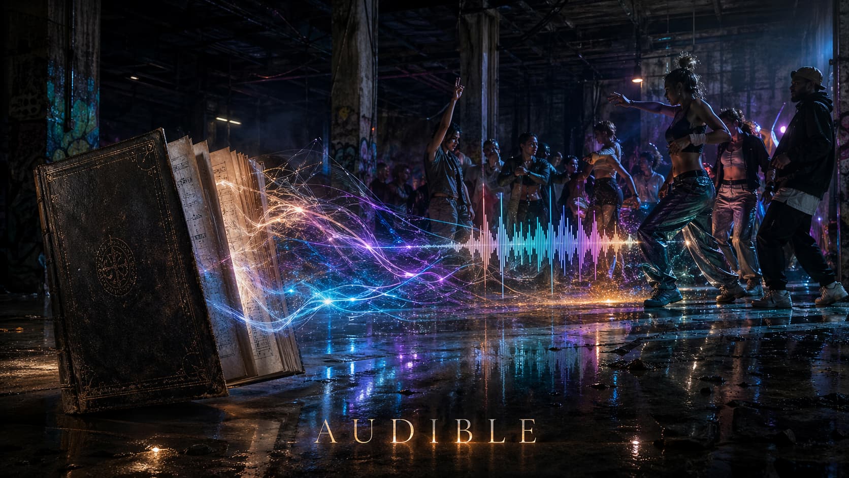A synthetic media scene of dancers, sound waves, and an open book.